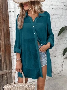 SHEIN LUNE Solid Button Front Shirt - Navy Blue - View 4