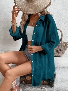 SHEIN LUNE Solid Button Front Shirt - Navy Blue - View 5