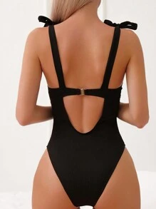 SHEIN Swim Summer Beach Tie Shoulder Underwire One Piece Swimsuit - Black - View 2