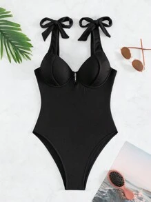 SHEIN Swim Summer Beach Tie Shoulder Underwire One Piece Swimsuit - Black - View 4