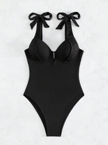 SHEIN Swim Summer Beach Tie Shoulder Underwire One Piece Swimsuit - Black - View 5