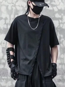 Manfinity Homme 男士素色不對稱下擺T恤 - 黑色 - 查看 1