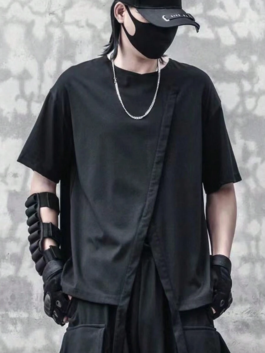 Manfinity Homme 男士素色不對稱下擺T恤 - 黑色 - 查看 1