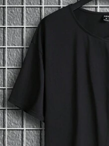Manfinity Homme 男士素色不對稱下擺T恤 - 黑色 - 查看 4