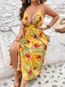 SHEIN VCAY Plus Tropical Print Tie Backless Split Thigh Halter Summer Dress,Beach Dress Sundress,Holiday Outfits Boho - Yellow - View 5