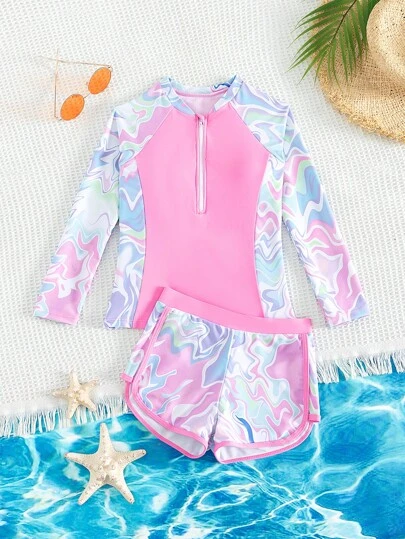SHEIN Tween Girl 波浪条纹前拉链分体泳衣