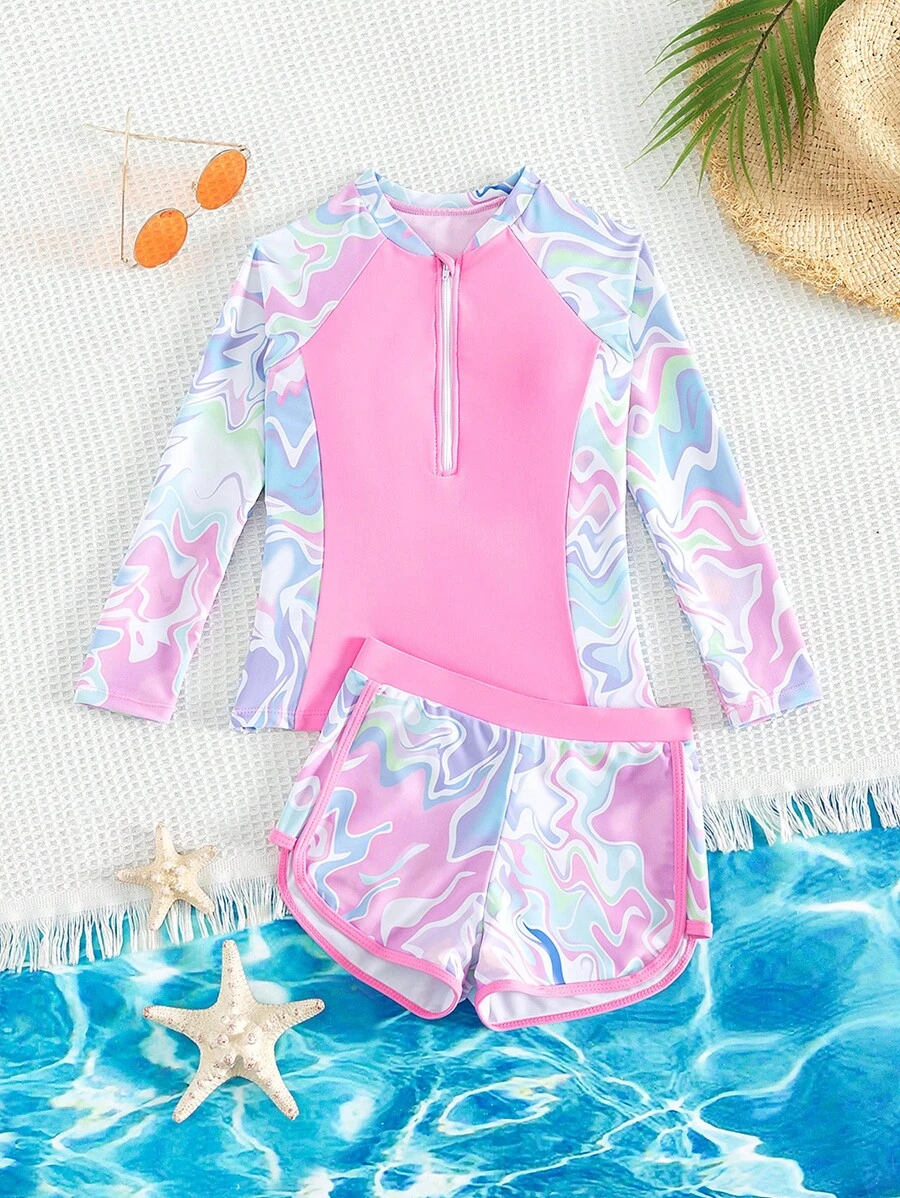 SHEIN Tween Girl 波浪条纹前拉链分体泳衣 - 彩色 - 查看 1
