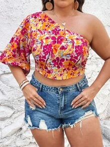SHEIN VCAY Camisa crop con estampado floral de manga farol de un hombro - Multicolor - Ver 1
