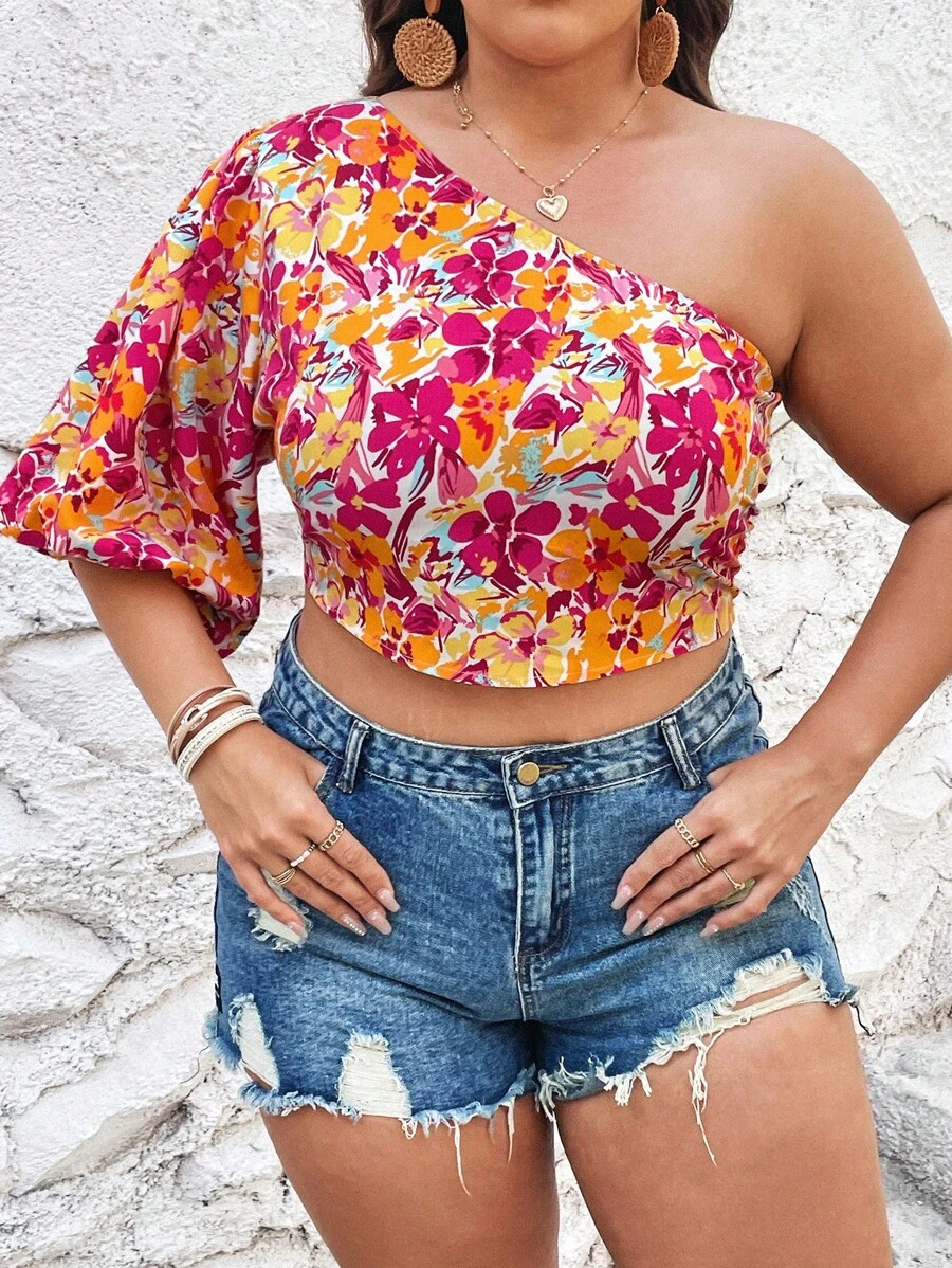 SHEIN VCAY Camisa crop con estampado floral de manga farol de un hombro - Multicolor - Ver 1