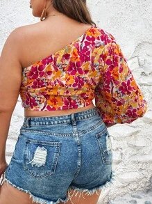 SHEIN VCAY Camisa crop con estampado floral de manga farol de un hombro - Multicolor - Ver 2