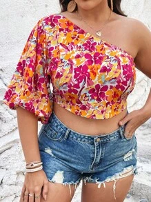 SHEIN VCAY Camisa crop con estampado floral de manga farol de un hombro - Multicolor - Ver 3
