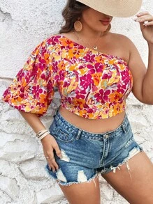 SHEIN VCAY Camisa crop con estampado floral de manga farol de un hombro - Multicolor - Ver 4