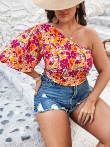 SHEIN VCAY Camisa crop con estampado floral de manga farol de un hombro - Multicolor - Ver 5