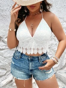 SHEIN VCAY 大碼提花蕾絲掛脖上衣 - 白色 - 查看 4