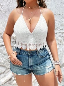 SHEIN VCAY 大碼提花蕾絲掛脖上衣 - 白色 - 查看 5