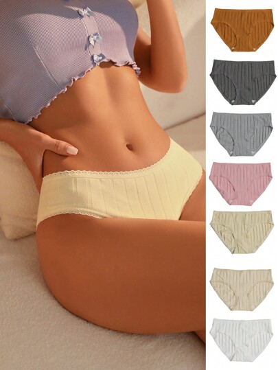 Women Casual Comfy Rib Knit Multicolor Briefs With Contrast Lace Trim Medium Stretch Panties