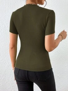 SHEIN Privé Square Neck Button Detail Tee - Army Green - View 2