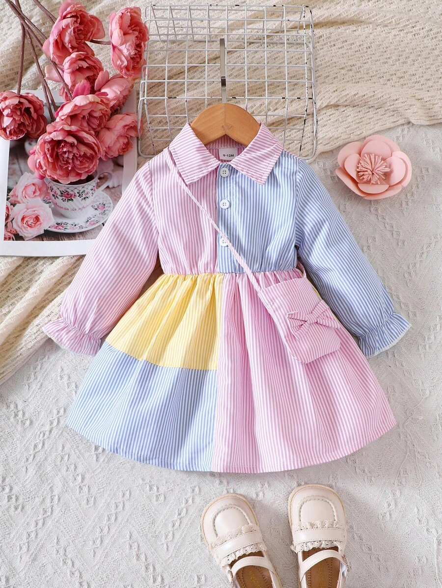 Đứa bé gái In sọc Khối màu Váy sơ mi & Cái túi - Nhiều màu - Xem 1