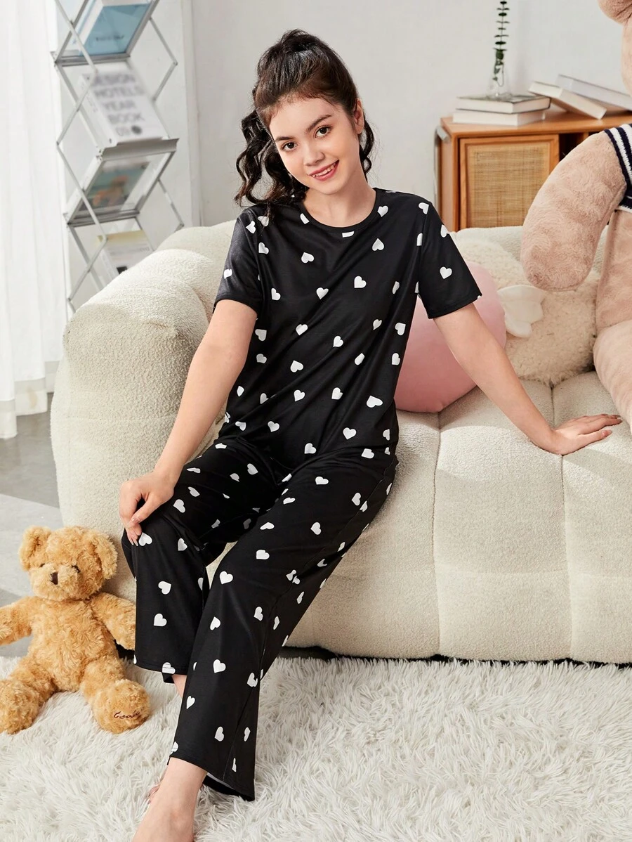 SHEIN Leap Crew Teen Girl Heart Print Short Sleeve T-Shirt And Pants Pajama Set/Valentine's Day Outfit - Black and White - View 1