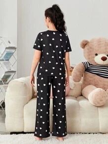 SHEIN Leap Crew Teen Girl Heart Print Short Sleeve T-Shirt And Pants Pajama Set/Valentine's Day Outfit - Black and White - View 2