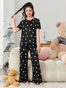 SHEIN Leap Crew Teen Girl Heart Print Short Sleeve T-Shirt And Pants Pajama Set/Valentine's Day Outfit - Black and White - View 4