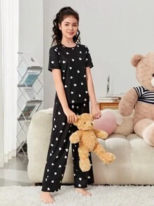 SHEIN Leap Crew Teen Girl Heart Print Short Sleeve T-Shirt And Pants Pajama Set/Valentine's Day Outfit - Black and White - View 5