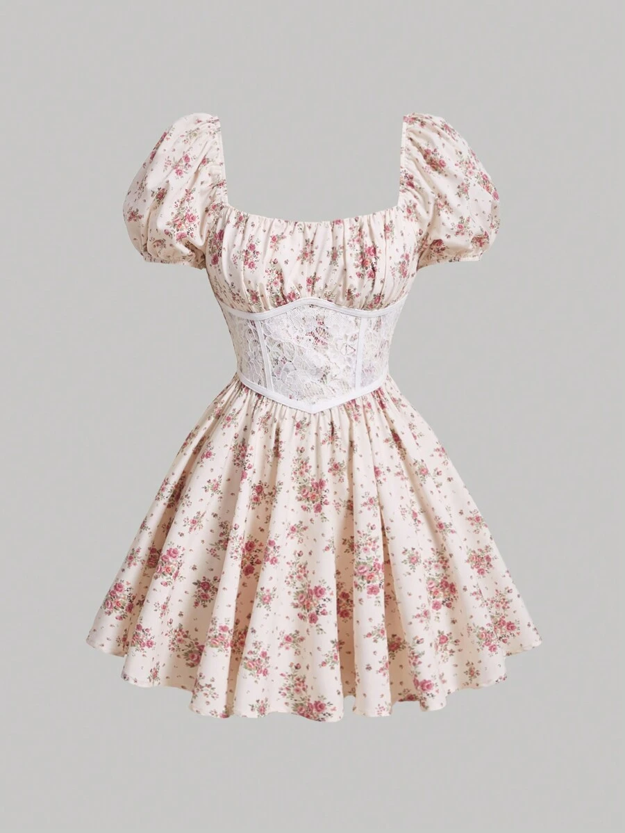 SHEIN MOD Ditsy In hoa Ruched Bust Tay phồng Váy Milkmaid với Corset ren - Nhiều màu - Xem 1