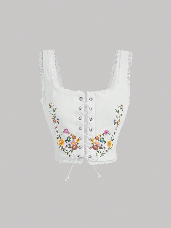 SHEIN MOD Tricou cu dantelă în față cu imprimeu floral