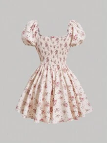 SHEIN MOD Ditsy In hoa Ruched Bust Tay phồng Váy Milkmaid với Corset ren - Nhiều màu - Xem 2