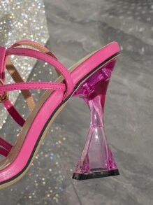 春夏方头水晶高跟凉鞋，正面系带性感优雅时尚女凉鞋 - 玫紅色 - 查看 6