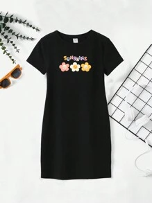 SHEIN 青少年女孩花卉和字母圖案T恤連衣裙 - 黑色 - 查看 1