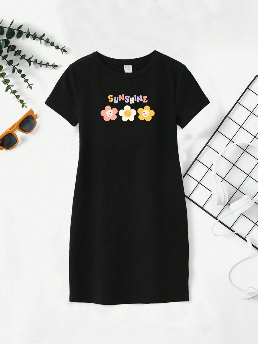 SHEIN 青少年女孩花卉和字母圖案T恤連衣裙 - 黑色 - 查看 1