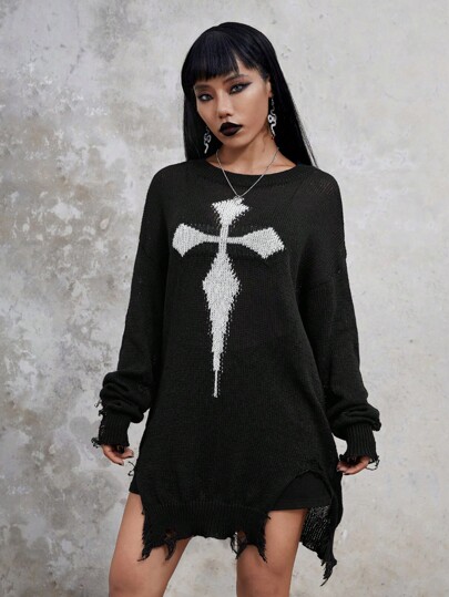 Goth Pull Déchiré Motif Croix Épaule tombante