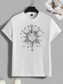 Manfinity Men Cotton Sun & Moon Print Tee - White - View 2