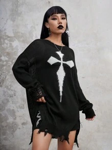 ROMWE Goth 十字架圖案落肩袖破洞毛衣 - 黑色 - 查看 2
