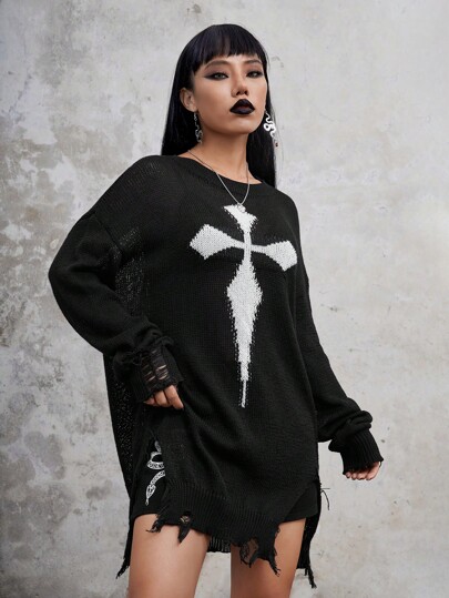 Goth Pull Déchiré Motif Croix Épaule tombante