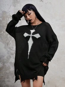 ROMWE Goth 十字架圖案落肩袖破洞毛衣 - 黑色 - 查看 3