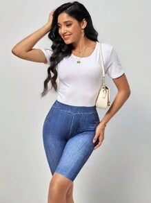 SHEIN LUNE 牛仔效果印花騎行褲 - 藍色 - 查看 1