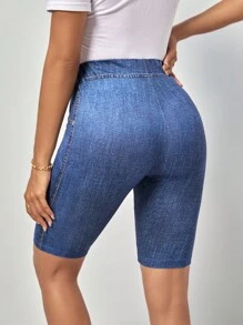 SHEIN LUNE 牛仔效果印花騎行褲 - 藍色 - 查看 2