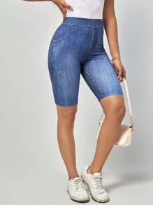 SHEIN LUNE 牛仔效果印花騎行褲 - 藍色 - 查看 3