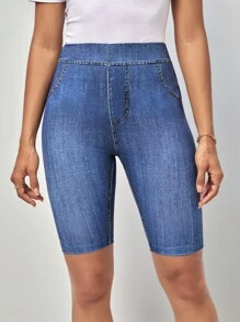 SHEIN LUNE 牛仔效果印花騎行褲 - 藍色 - 查看 5