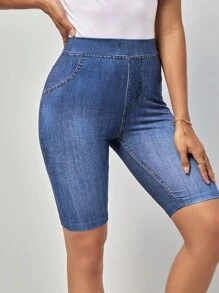 SHEIN LUNE 牛仔效果印花騎行褲 - 藍色 - 查看 6