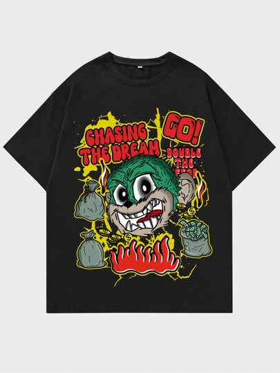 Street Life تي شيرت رجالي بطباعة كرتون وشعار، للمدرسة