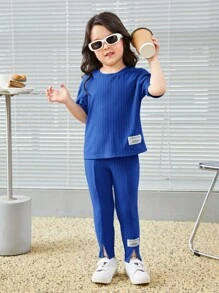 SHEIN 小女孩字母拼接細節T卹和分裂式裤褲 - 藍色 - 查看 1