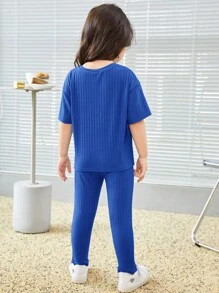 SHEIN 小女孩字母拼接細節T卹和分裂式裤褲 - 藍色 - 查看 2