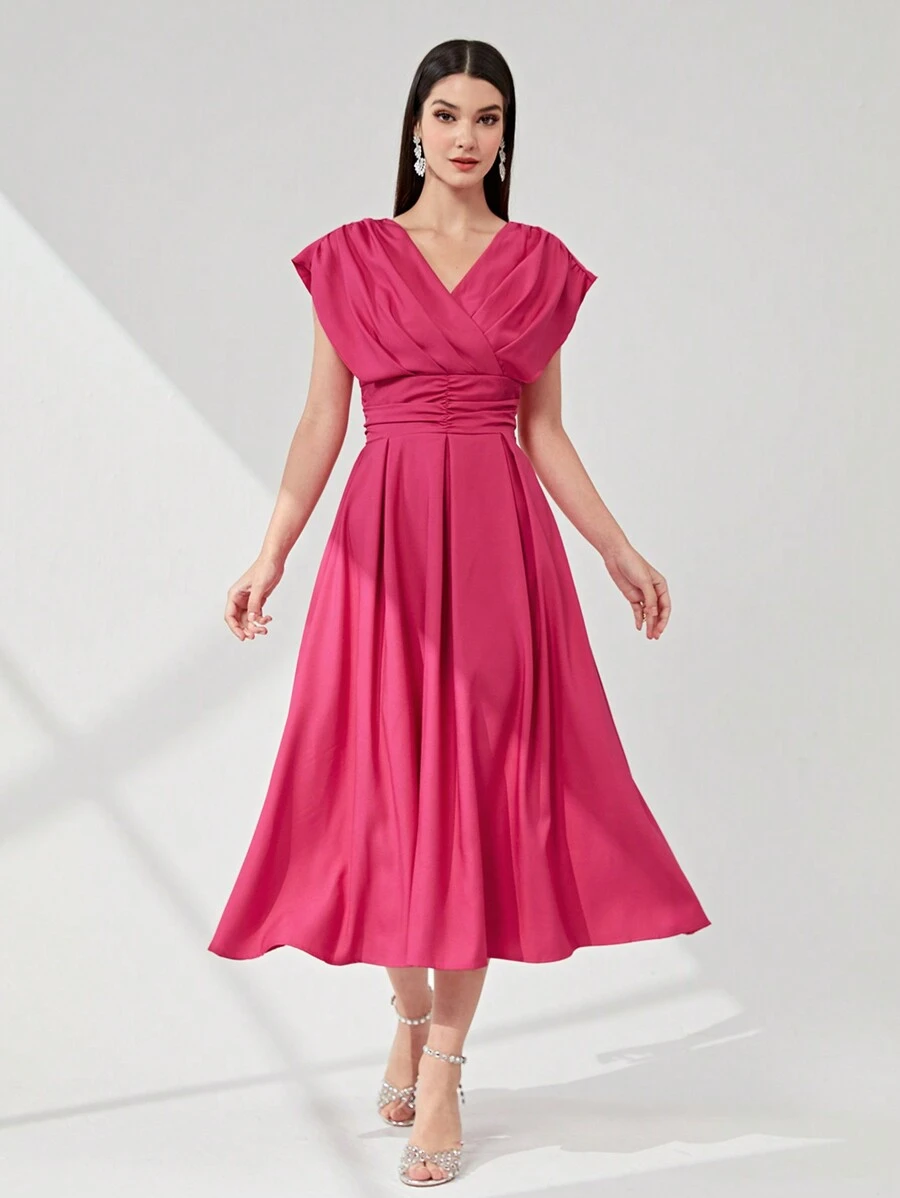 Modelyn Solid Ruched Detail A-Line Dress Maxi Women Outfit Long Evening Dresses - Hot Pink - View 1