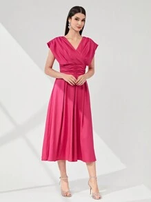 Modelyn Solid Ruched Detail A-Line Dress Maxi Women Outfit Long Evening Dresses - Hot Pink - View 4