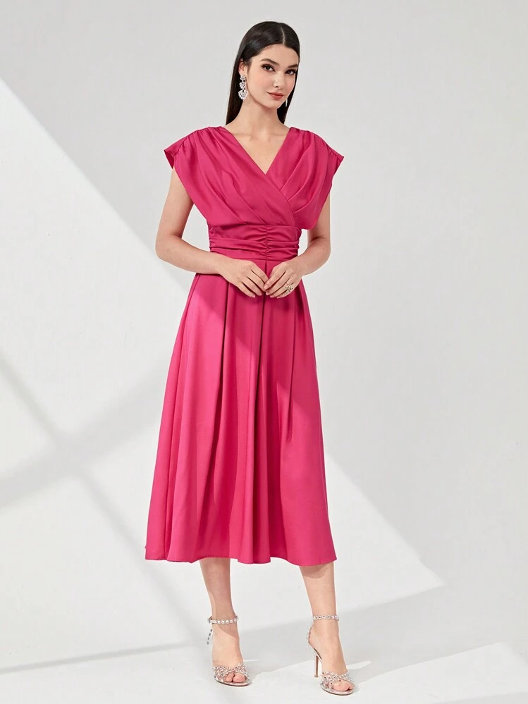 Modelyn Solid Ruched Detail A-Line Dress Maxi Women Outfit Long Evening Dresses - Hot Pink - View 4