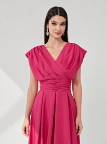 Modelyn Solid Ruched Detail A-Line Dress Maxi Women Outfit Long Evening Dresses - Hot Pink - View 5