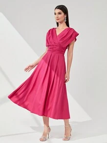 Modelyn Solid Ruched Detail A-Line Dress Maxi Women Outfit Long Evening Dresses - Hot Pink - View 6